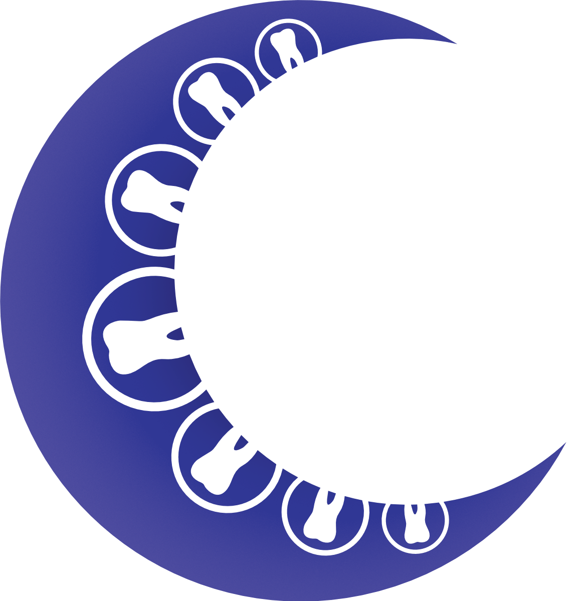 Blue circular logo with a white crescent shape and small white icons around the edge