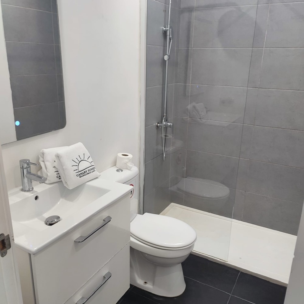 A modern bathroom with a white vanity, a toilet, a walk-in shower with grey tiles, and two towels with a sun logo.