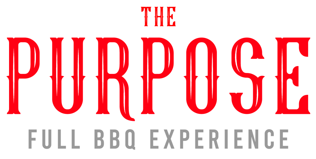 A red and white logo for the purpose full bbq experience.