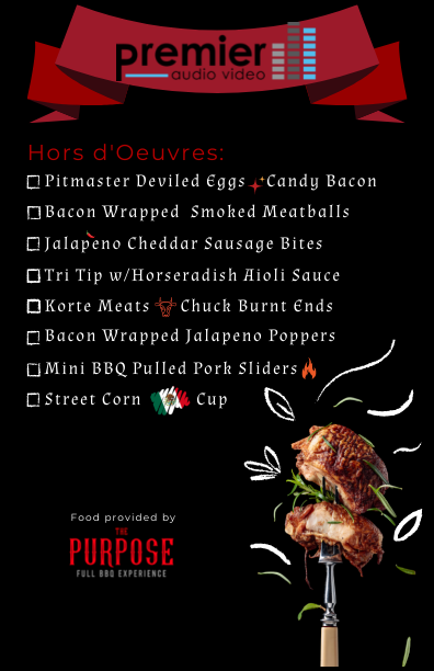 A menu for a restaurant called premier has a picture of meat on it