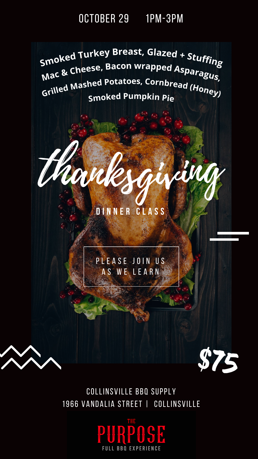 A flyer for a thanksgiving dinner class with a roasted turkey on a wooden table.