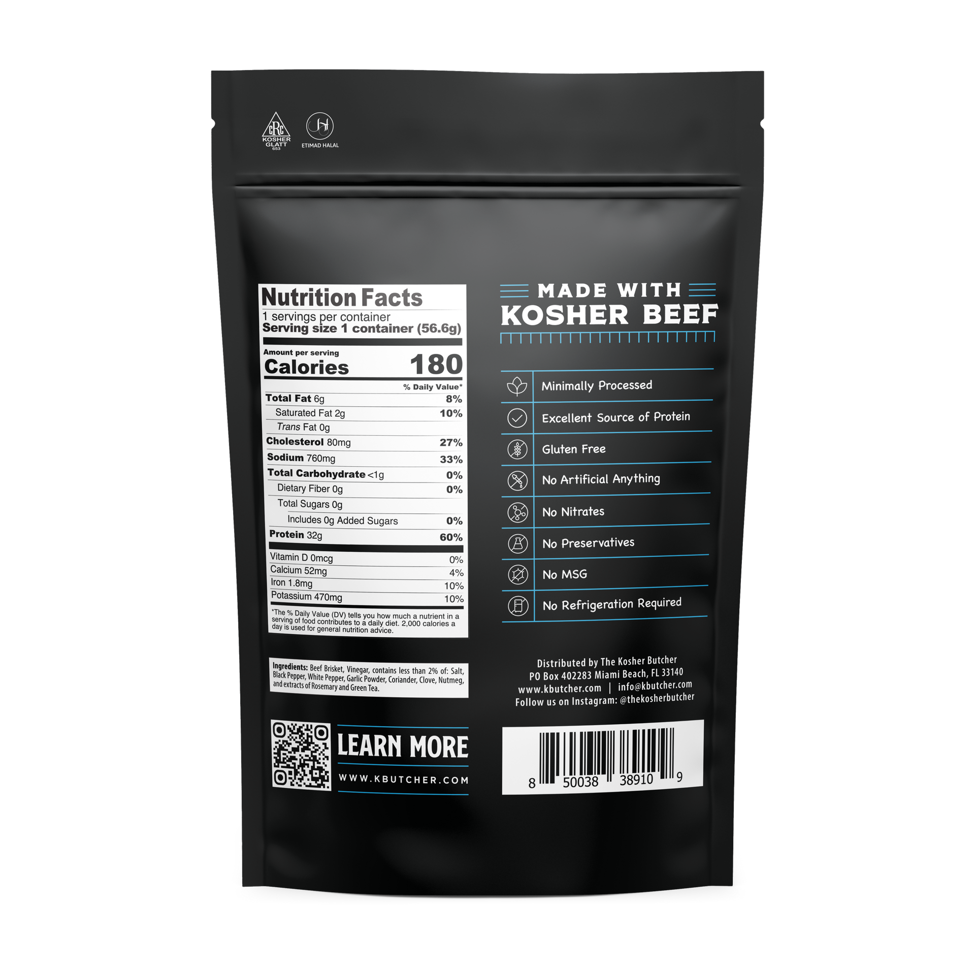 A bag of kosher beef has a nutrition facts label