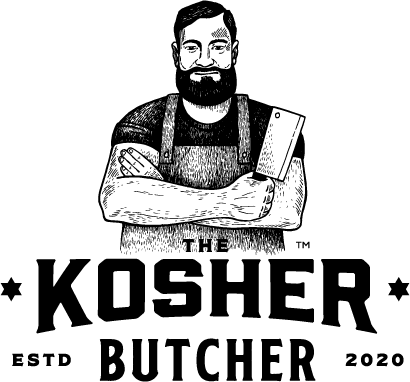 Black logo of bearded man holding a meat cleaver above the word Kosher Butcher