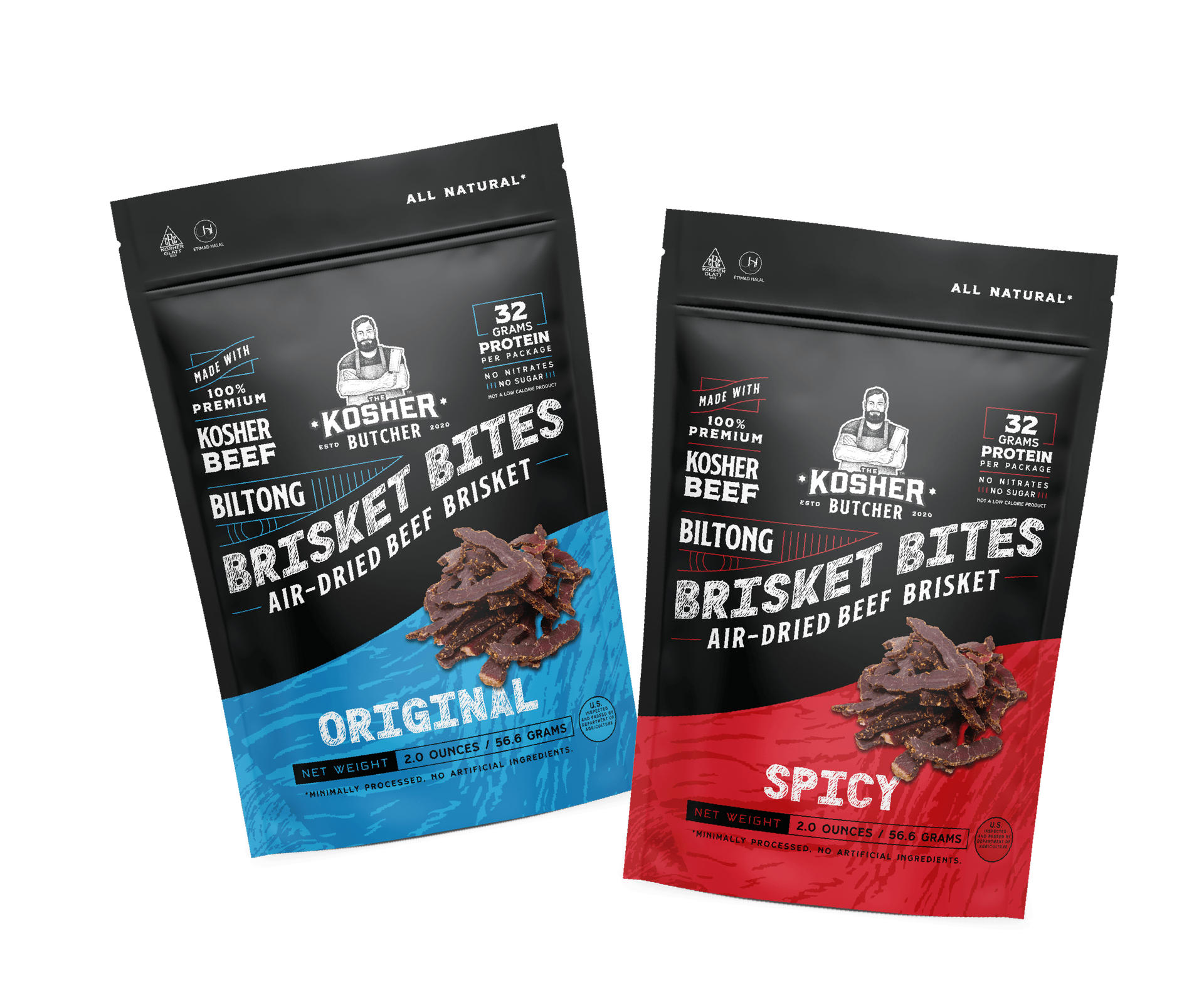 Two bags of brisket bites are sitting next to each other on a white background.