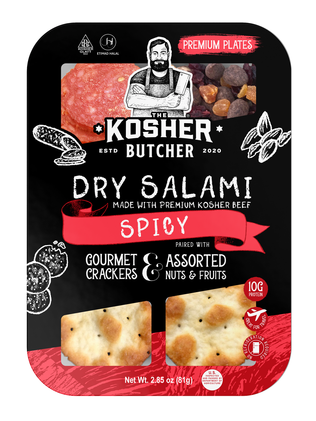 A package of kosher butcher dry salami spicy gourmet crackers and nuts and fruits.
