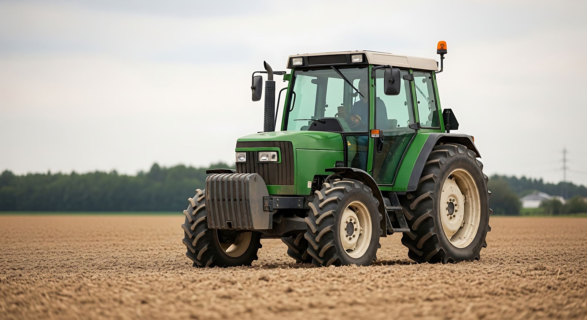 Green tractor driving on a brown field.
