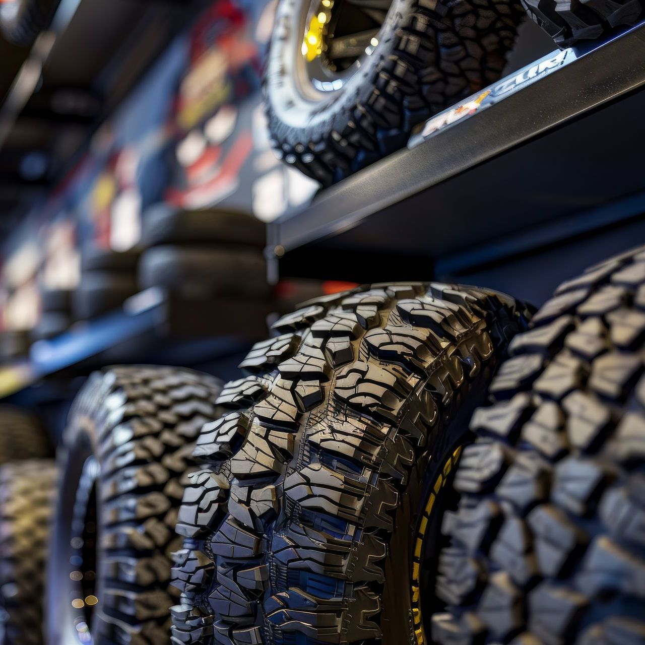 Close-up view of off-road tires on a shelf in an auto shop, showcasing tread patterns.
