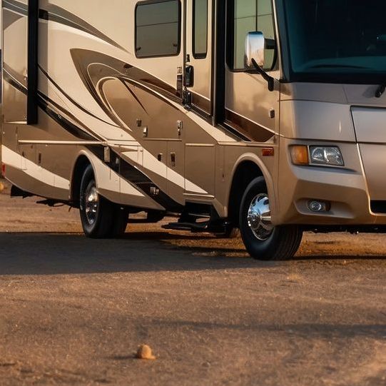 Tan RV parked on dirt.