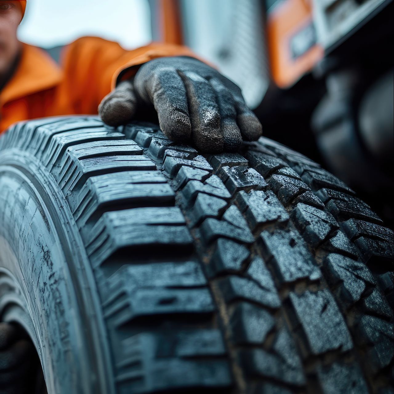 Gloved hand on a truck tire with thick treads; worker in orange jacket and vehicle in background.