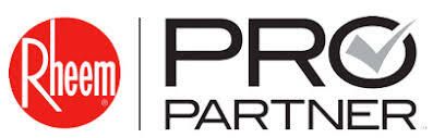 Rheem Pro Partner logo: red circle with white text, next to black text and a checkmark graphic.