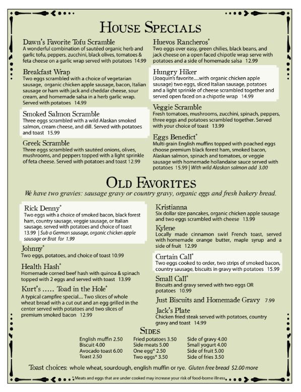 A menu for a restaurant shows the house specials and old favorites