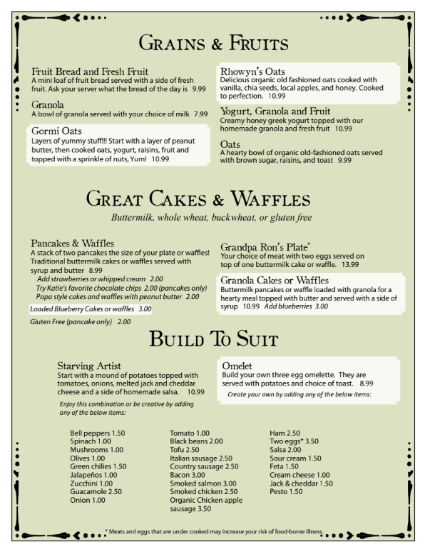 A menu for grains and fruits includes great cakes and waffles