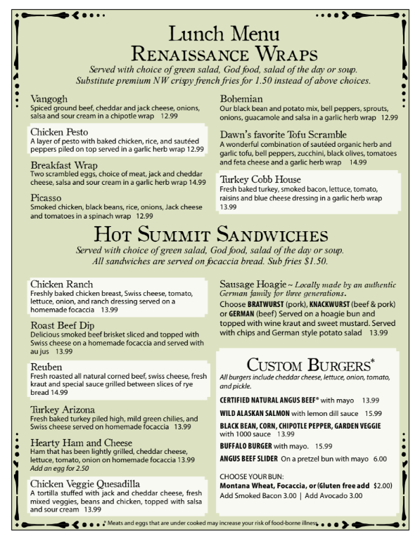 A menu for a restaurant called renaissance wraps
