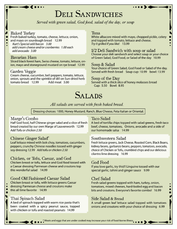 A menu for deli sandwiches and salads