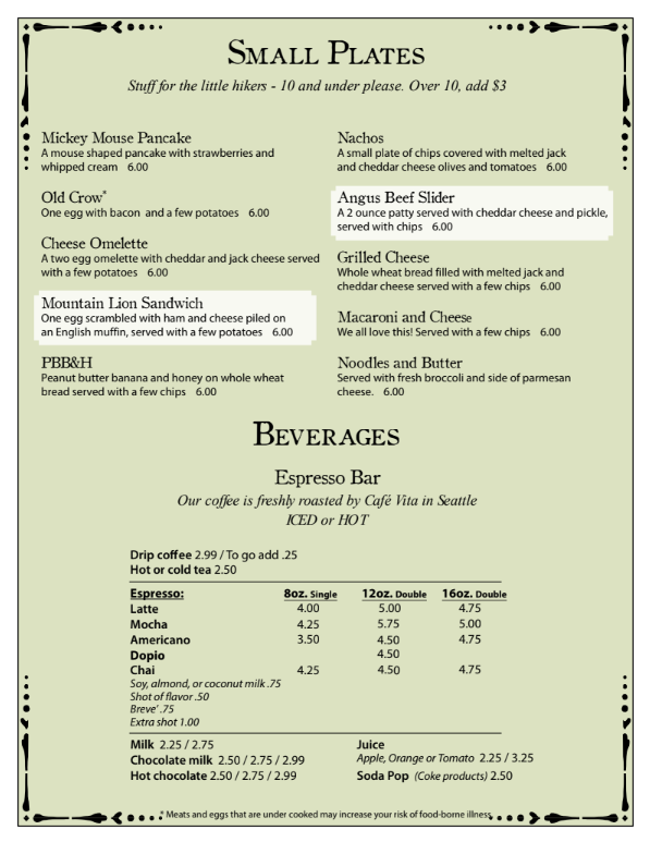 A menu for a restaurant with small plates and beverages