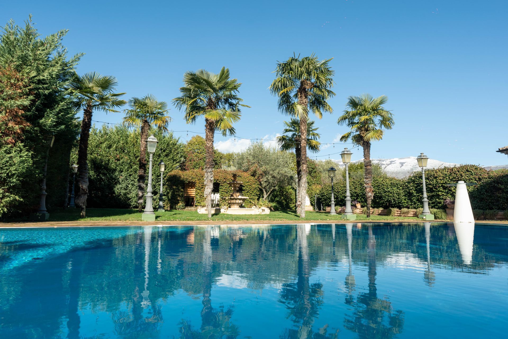 Una grande piscina circondata da palme e una fontana.