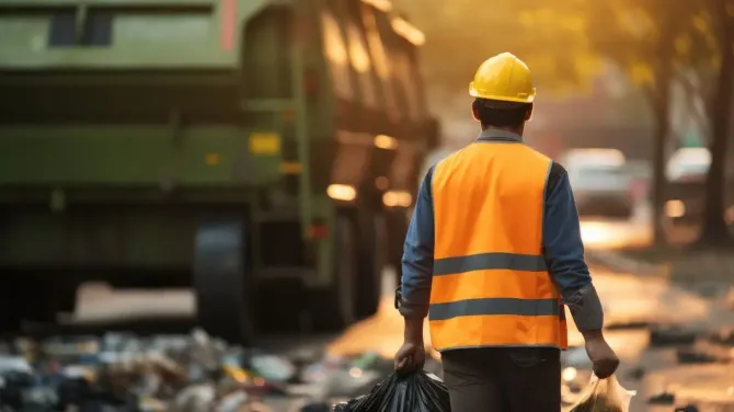 Worker in orange safety vest and yellow hard hat walking by a garbage truck with trash bags.