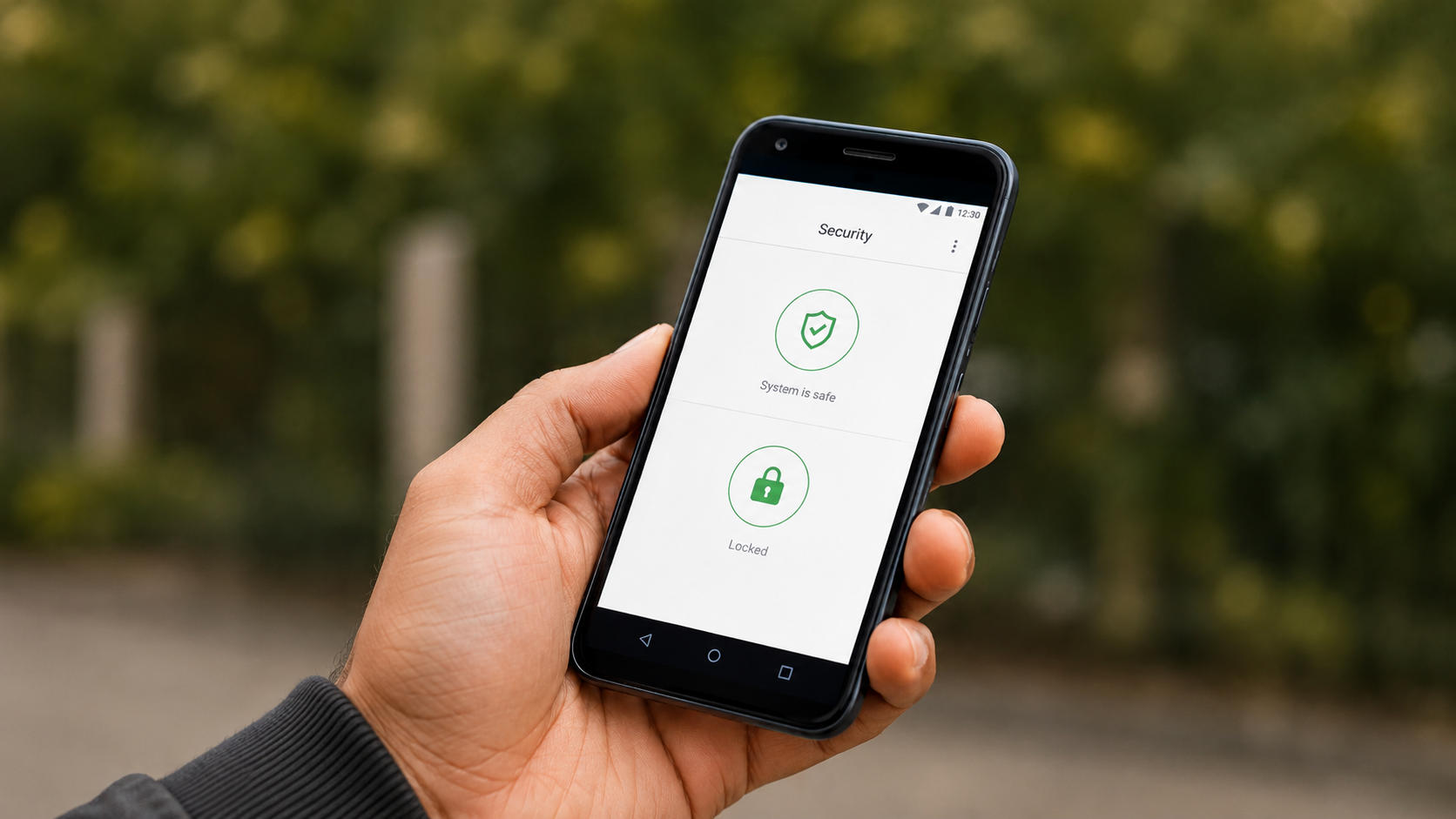 Hand holding a smartphone with a white app screen showing two green circular icons outdoors.