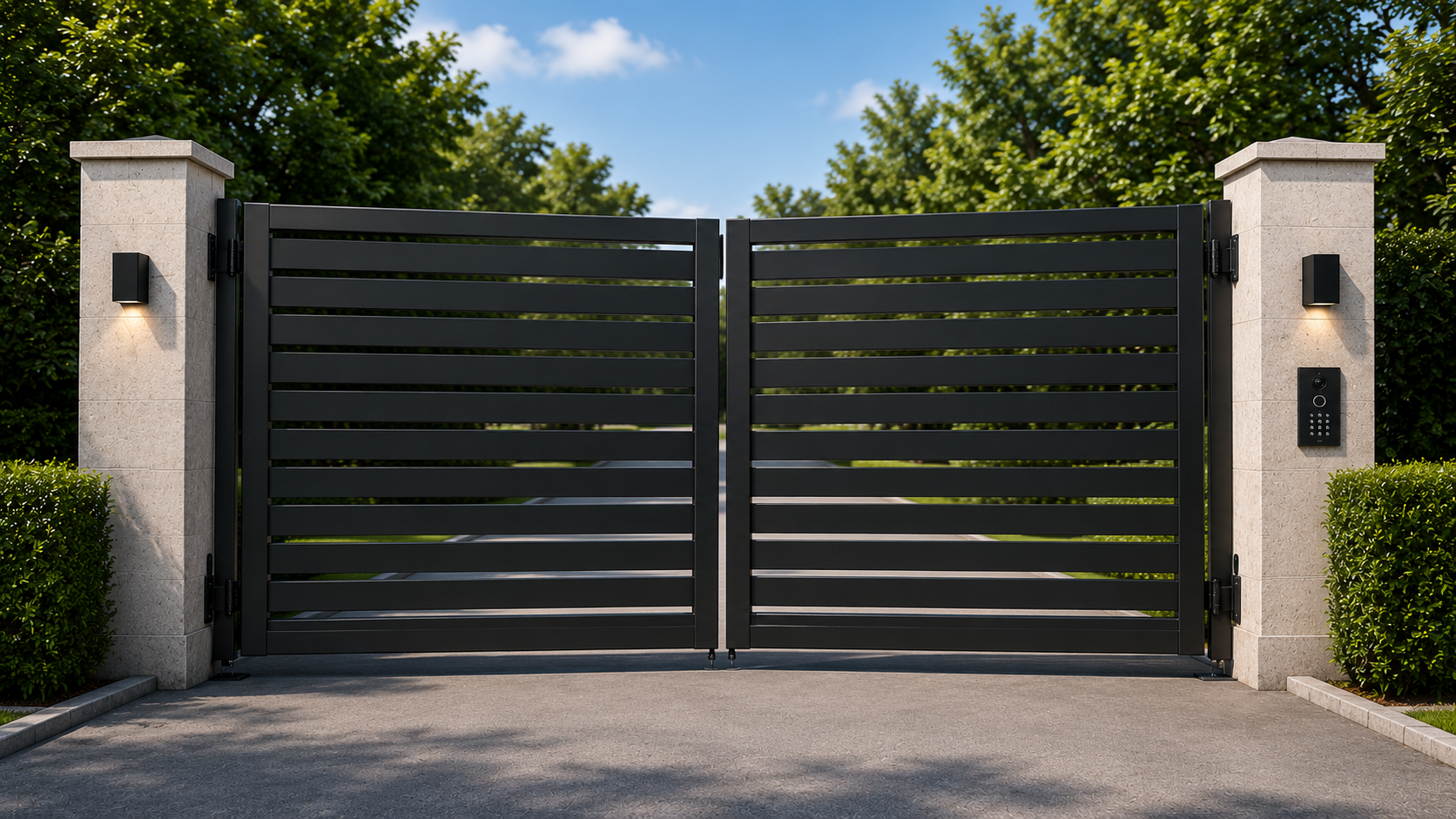 Modern gray metal driveway gate in front of a house, with horizontal slats and a side fence.