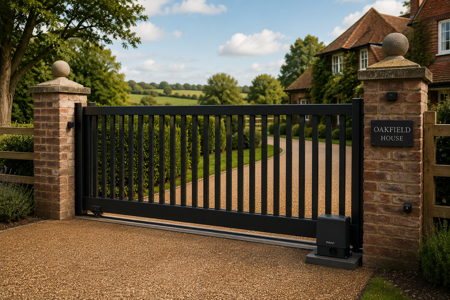 Black wrought-iron driveway gate between brick pillars at a country estate