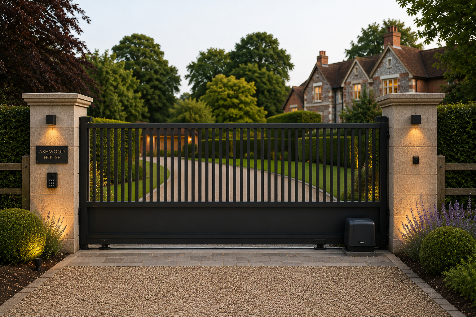 Black metal driveway gate at a lit stone entrance with landscaped bushes and a large house beyond.