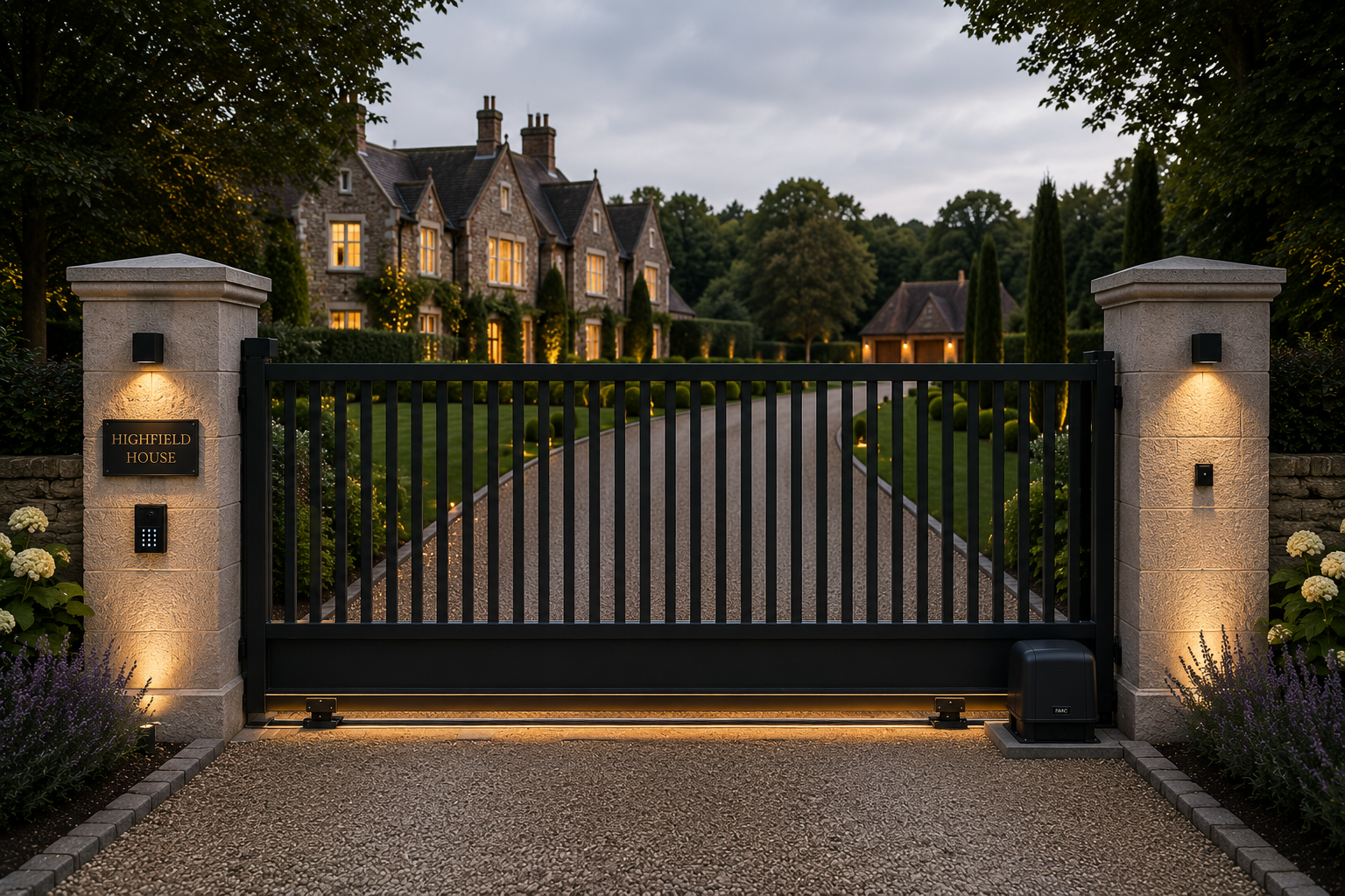 Illuminated gated entrance to a stone mansion at dusk, with black gate and landscaped driveway