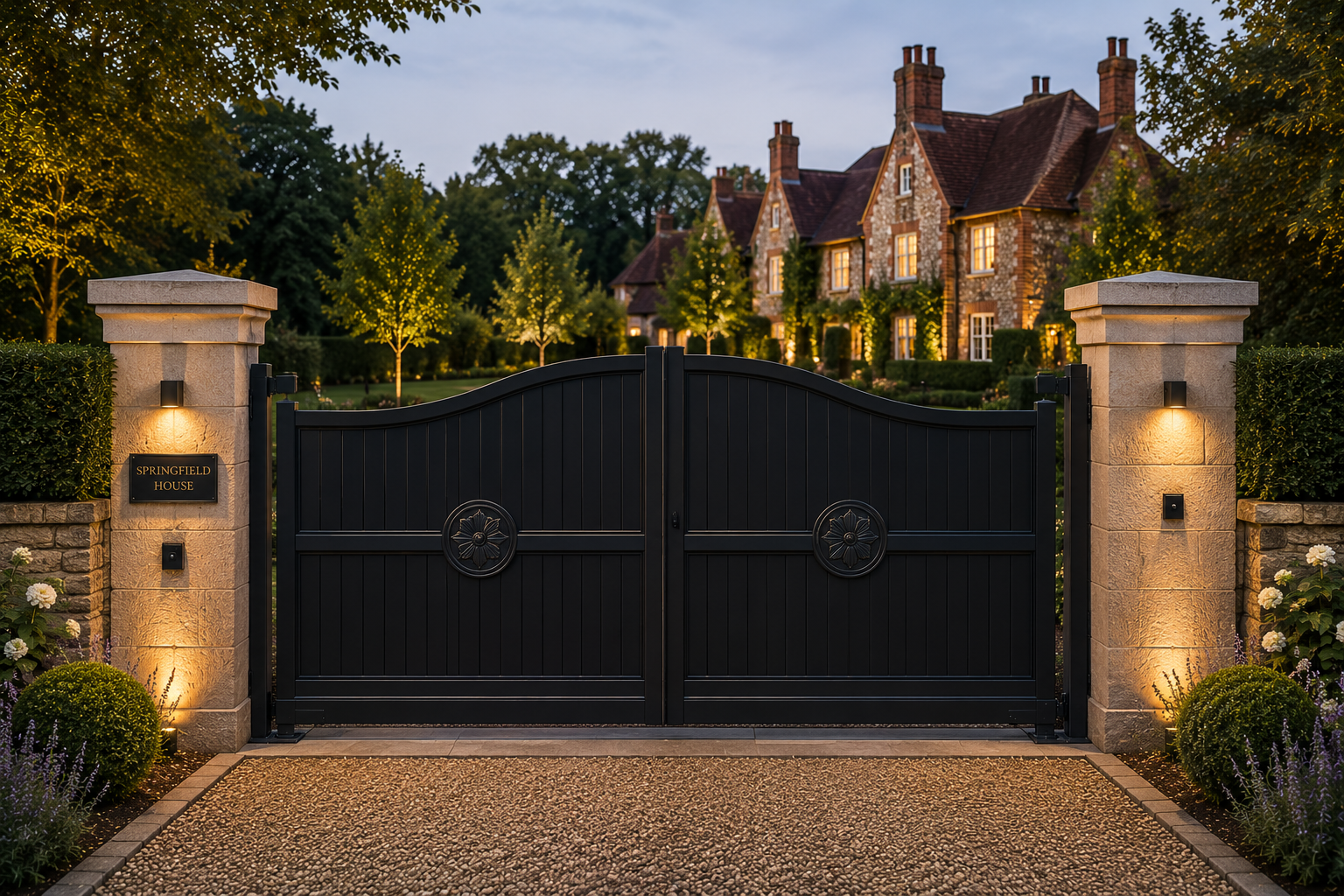 Elegant black double gate at a lit stone driveway entrance, with a large house and trees beyond at dusk
