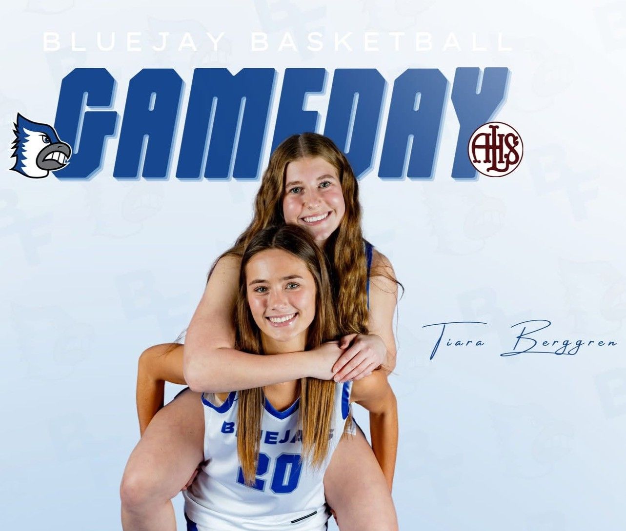 Bluejay Basketball game day graphic with two smiling players in white and blue uniforms.
