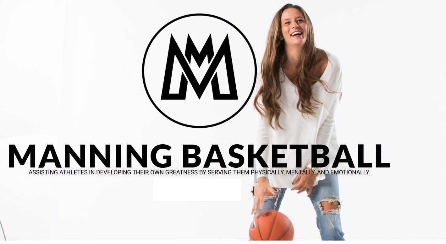 MANNING BASKETBALL logo with a smiling player in white holding an orange basketball on a white background