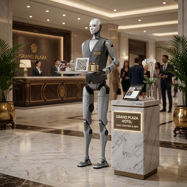 Robot, silver and blue, dances in a white-walled room with a desk.