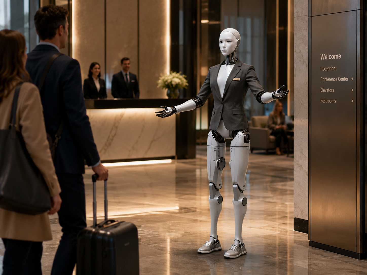 Robot with silver body and blue head lighting standing against a gray backdrop.