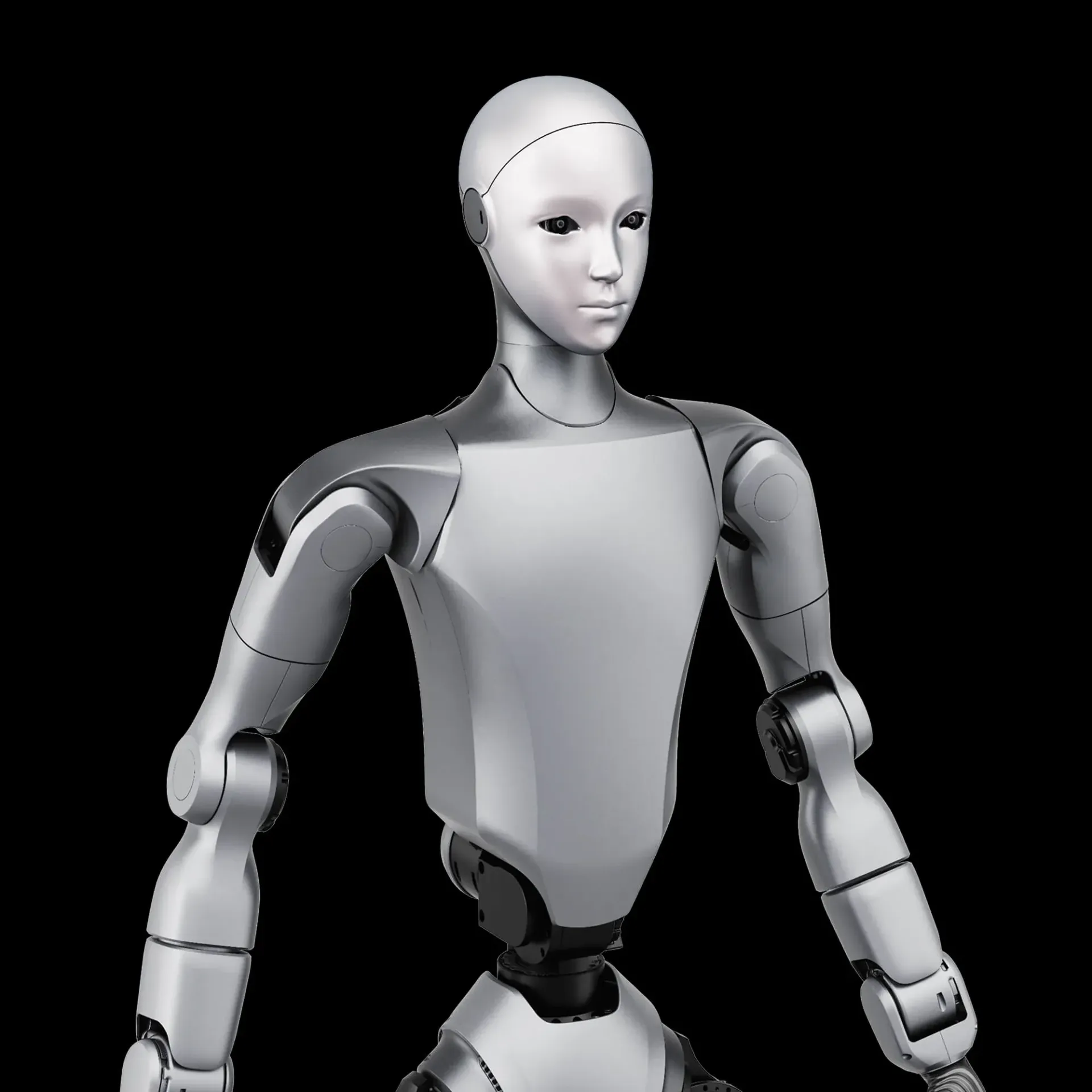 Bipedal robot with teal torso and silver limbs, standing on a brown surface against a cloudy orange and blue backdrop.