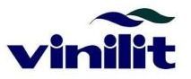 Logotipo de Vinilit en texto azul oscuro con diseño de ondas abstractas en azul y verde.