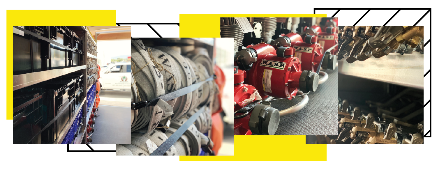 Array of equipment, including red pumps, visible on shelves, within a SPU trailer