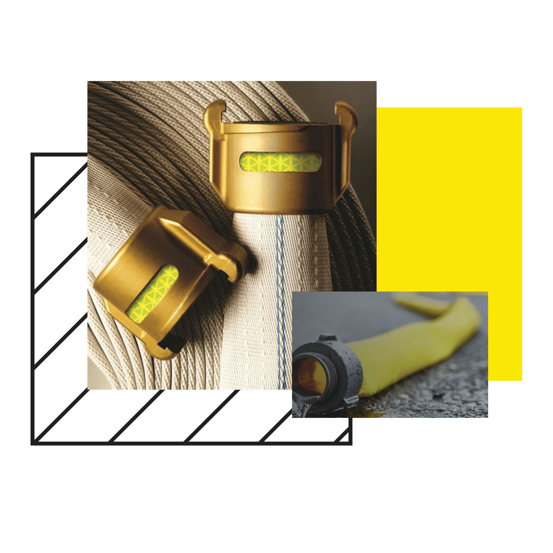 A collage of pictures of a fire hose and a hose connector.
