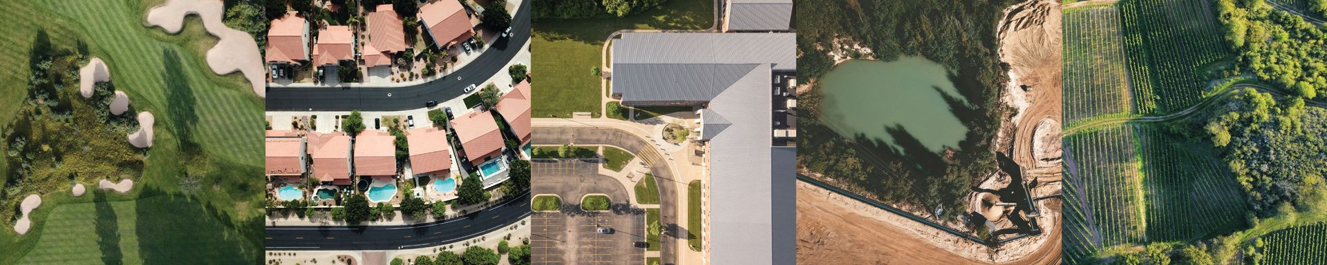 A collage of aerial views of a house and a lake
