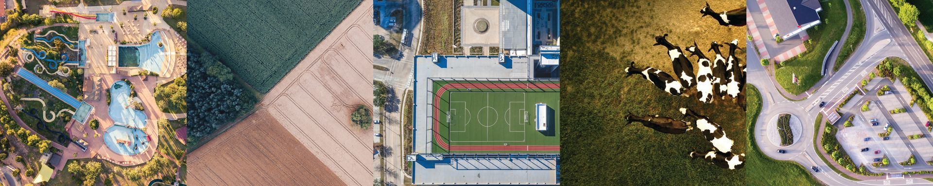 A collage of four aerial views of a city.