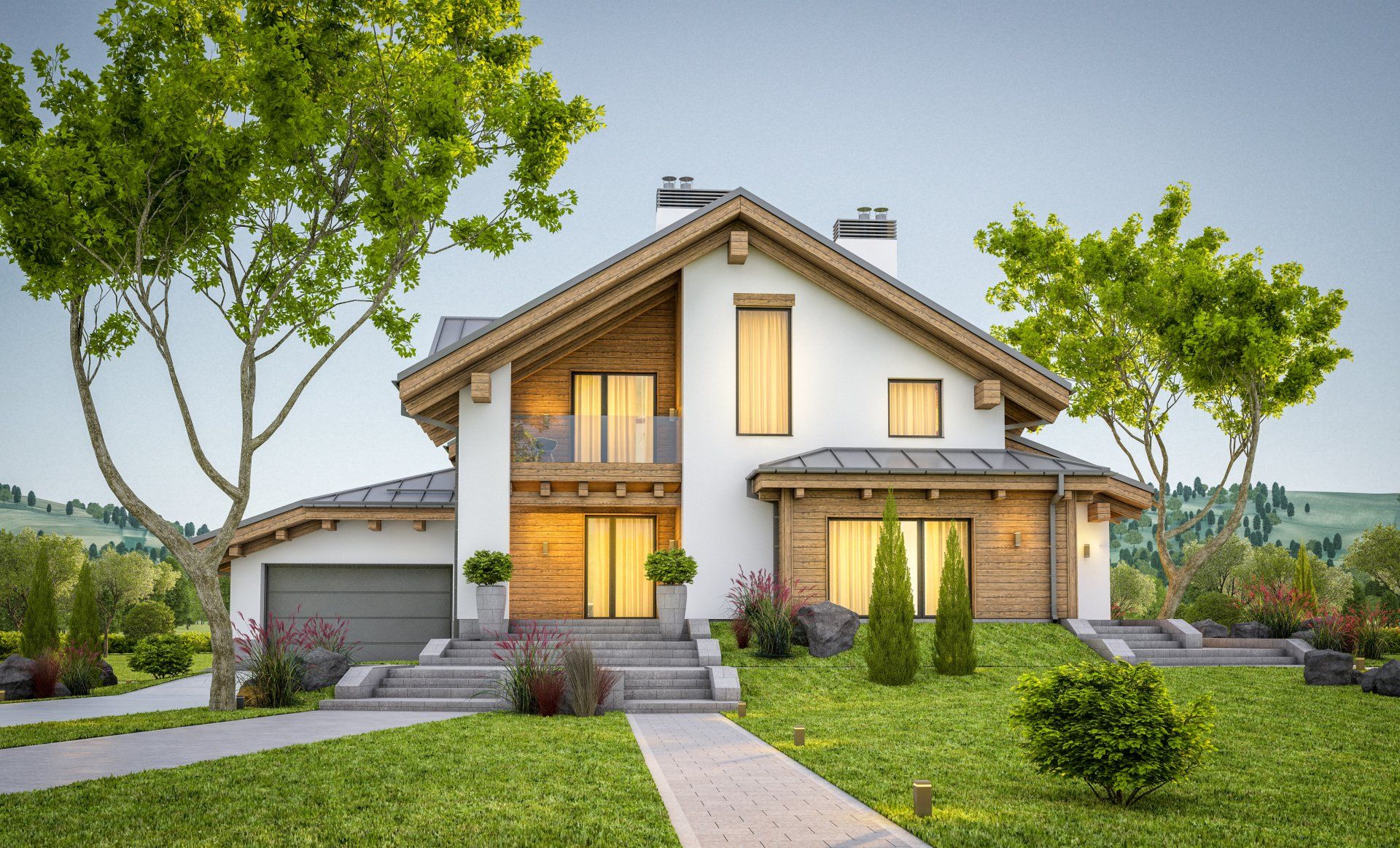 Two-story house with white stucco and wood accents, green lawn, trees, and gray driveway.