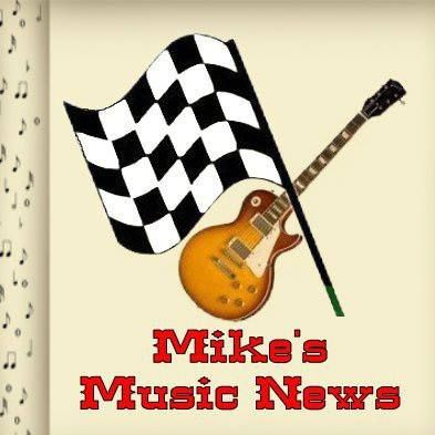 Black-and-white checkered flag with a sunburst guitar and the words “Mike’s Music News”