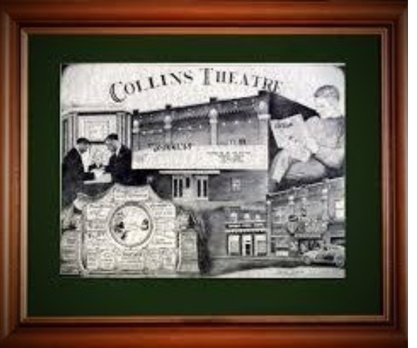 Framed black-and-white collage of Collins Theater memorabilia on a green background