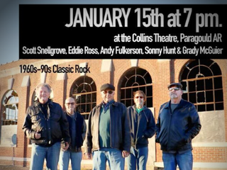 Concert flyer for Scott Snelgrove, Eddie Ross, Andy Fulkerson, Sonny Hurt, and Brady McGrier at Collins Theatre, Jan 15, 7 pm