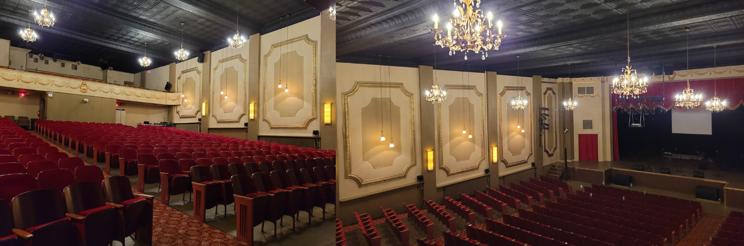 Elegant theater auditorium with red seats, ornate cream walls, chandeliers, and a curved balcony seating area