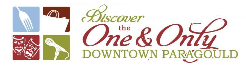 Logo reading “Discover One & Only Downtown Paragould” with four colored square icons.