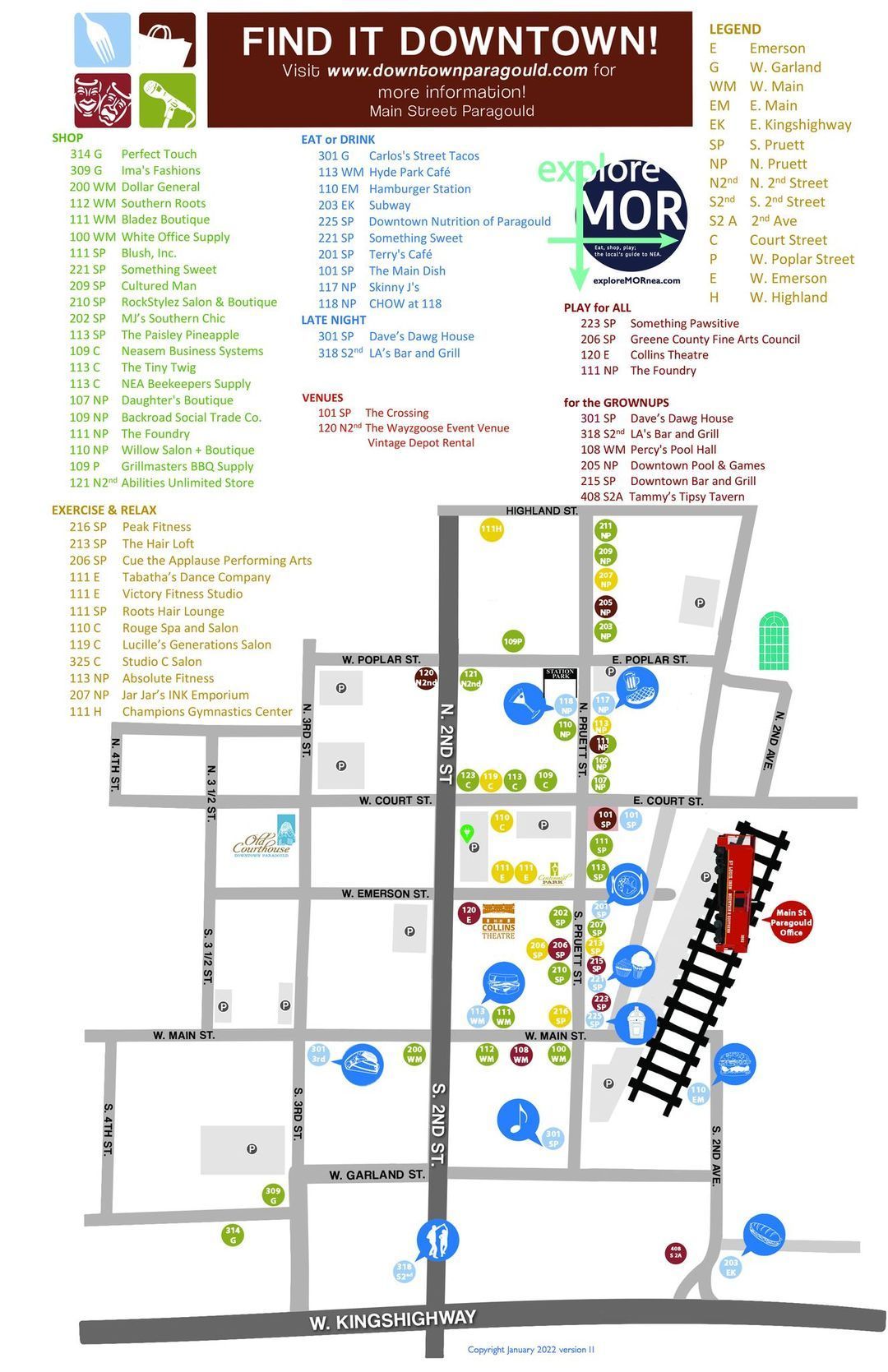 Downtown map with streets, landmarks, and event listings in a white layout with colored icons.
