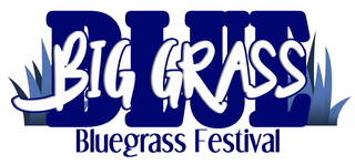 Big Grass Bluegrass Festival logo in blue and white with grass silhouettes