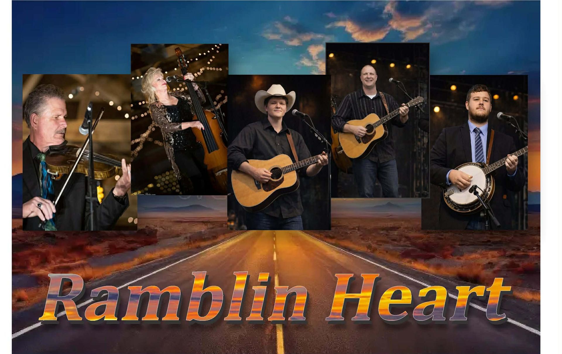 Band performing on a desert highway backdrop with “Ramblin Heart” title text