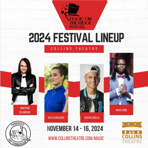 2024 Festival Lineup poster for Collins Theatre, Nov. 14–16, featuring four performer portraits on a white and red background