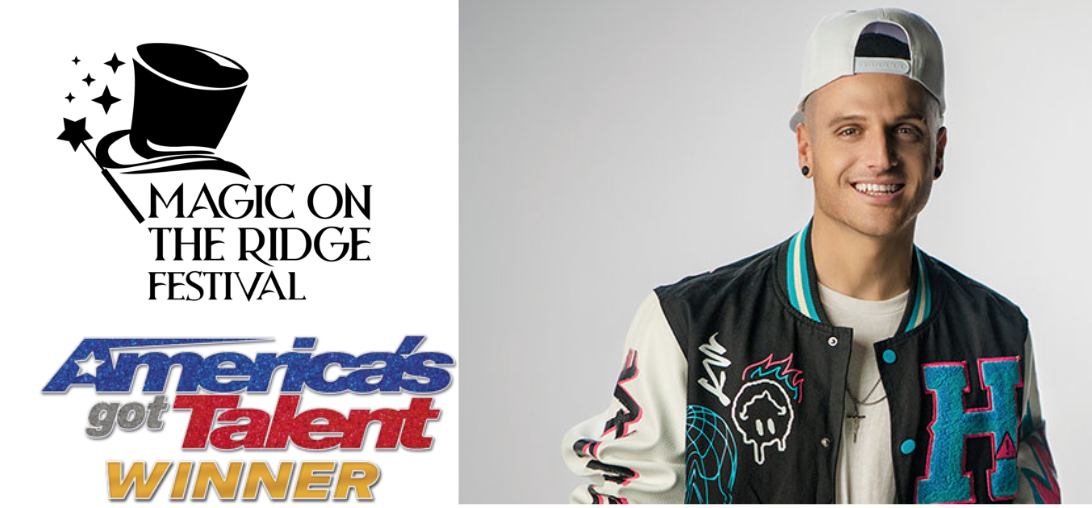 Magic on the Ridge Festival and America’s Got Talent Winner logo beside a smiling man in a black jacket and white cap