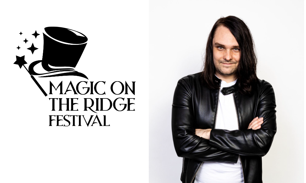 Magic on the Ridge Festival logo beside a man in a black jacket with arms crossed