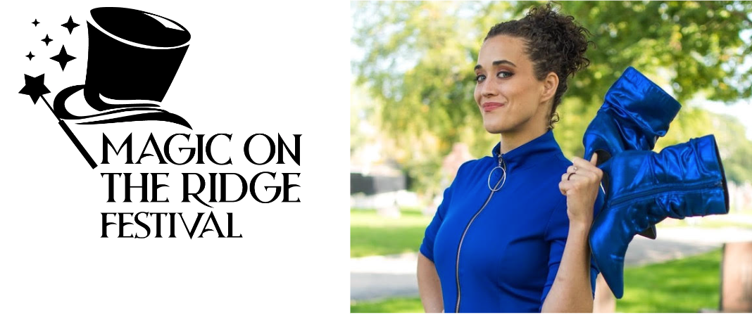Magic on the Ridge Festival logo beside a woman in a blue dress holding a large blue bow outdoors